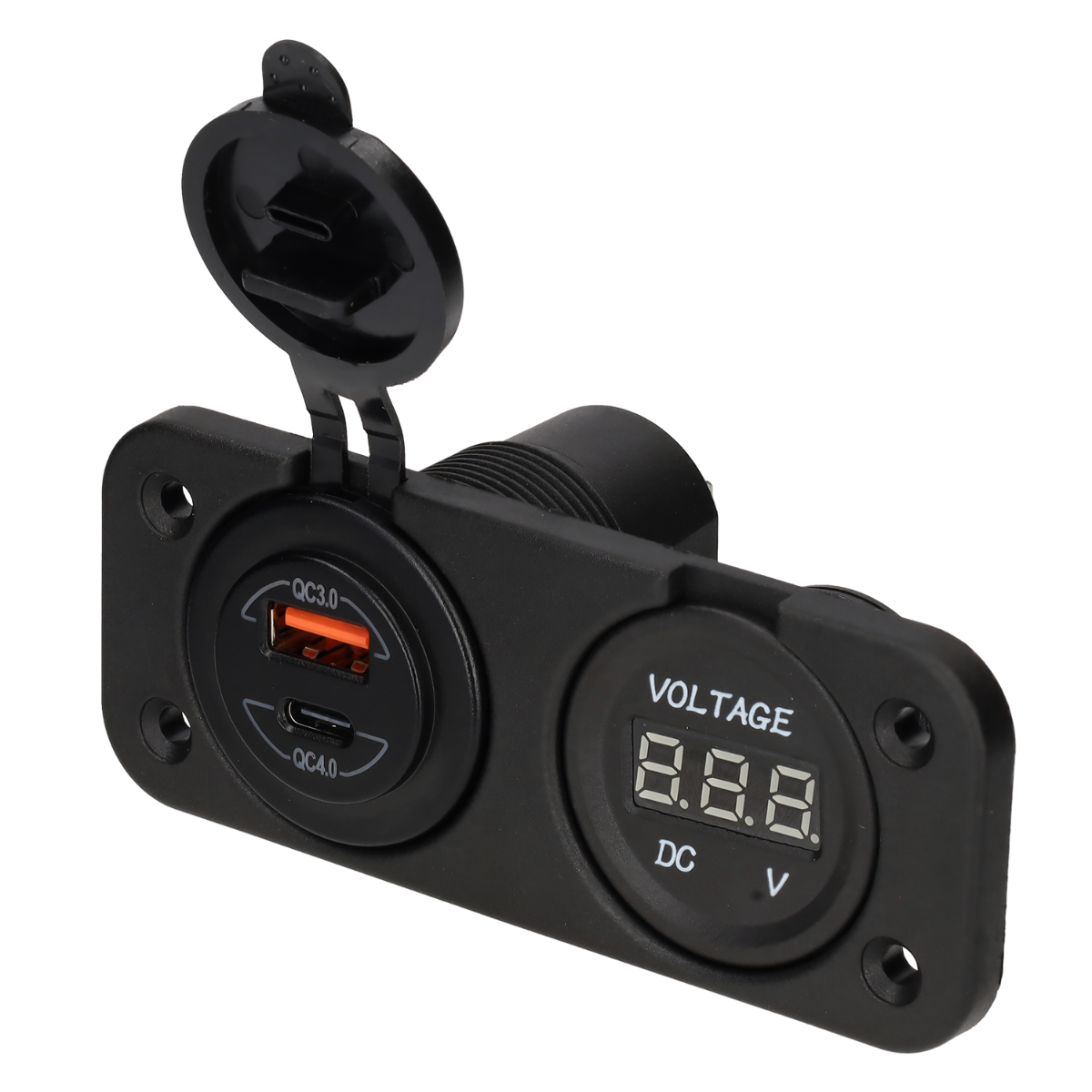 Stromleitungs-Digitalvoltmeter 10–30 V und USB-A + USB-C-Ladegerät – integriert