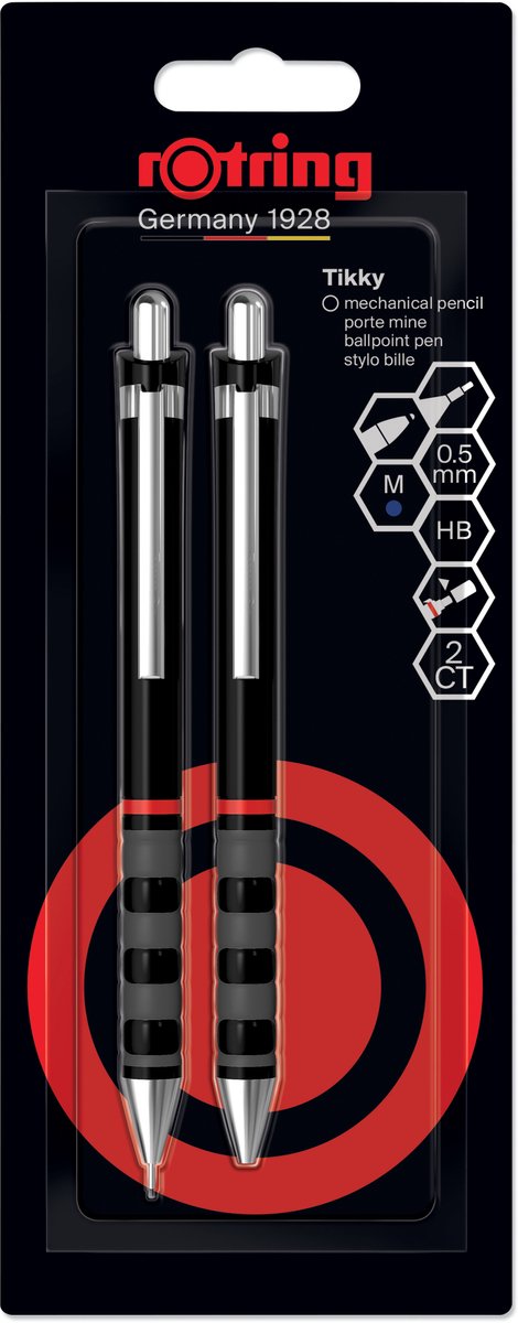 Rotring Tikky Druckbleistift- und Kugelschreiber-Set | Graphit HB, 0,5 mm Bleistift | Stift mit mittlerer Spitze | schwarzer Ärmel | Leichtgewicht mit Gummigriff