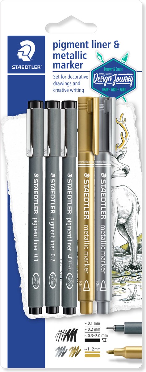 Staedtler Design Journey – Pigment-Liner-Set, 3-teilig + 2 Metallic-Marker