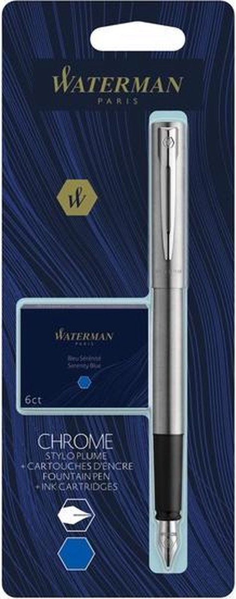 Waterman Allure Füllfederhalter | Chrom | feine Feder | inklusive 6 kurzen blauen Tintenpatronen