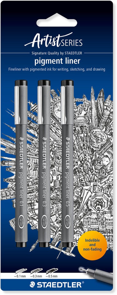 Staedtler - Künstlerserie - Pigment Liner 308 Fineliner - Karte mit 3 Stück - Schwarz