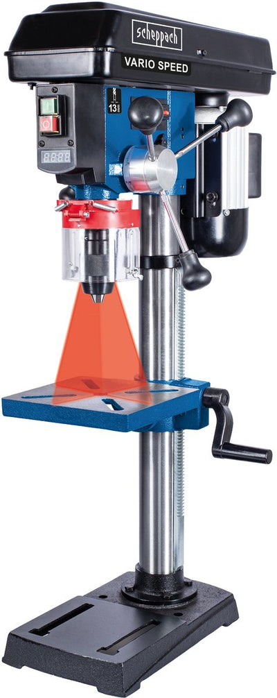 Scheppach Säulenbohrmaschine dp19vario – 550 W – stufenlos verstellbar von 440 bis 2580 U/min – Tischbohrmaschine mit Laser – Kipptisch