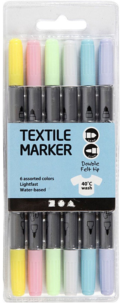 Creativ Company Textilmarker, Strichstärke 2,3 + 3,6 mm, Pastellfarben, 6 Stück 1 Box