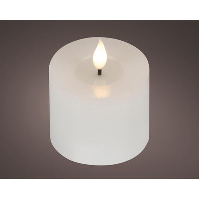 Lumineo realistische LED-Kerze mit Wachsdocht und Flammeneffekt ã˜7,5x9,5cm weiß mit 6-Stunden-Timer, batteriebetrieben