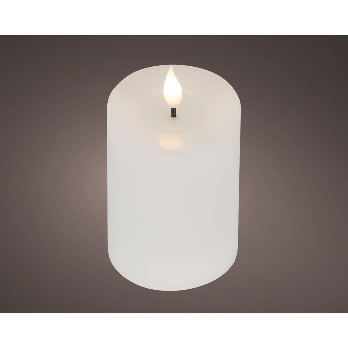 Lumineo realistische LED-Kerze mit Wachsdocht und Flammeneffekt ã˜7,5x13,5cm weiß mit 6-Stunden-Timer, batteriebetrieben