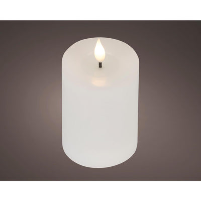 Lumineo realistische LED-Kerze mit Wachsdocht und Flammeneffekt ã˜7,5x13,5cm weiß mit 6-Stunden-Timer, batteriebetrieben