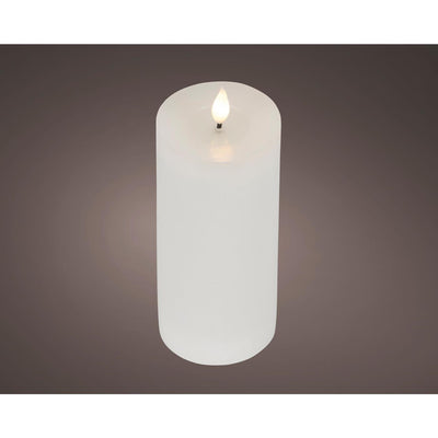 Lumineo realistische LED-Kerze mit Wachsdocht und Flammeneffekt, 7,5 x 20 cm, weiß, mit 6-Stunden-Timer, batteriebetrieben