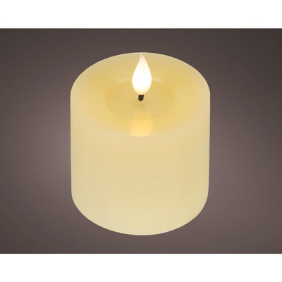 Realistische Lumineo-LED-Kerze mit Wachsdocht und Flammeneffekt, 7,5 x 9,5 cm, cremefarben, mit 6-Stunden-Timer, batteriebetrieben