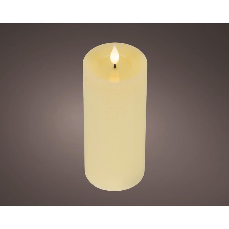 Lumineo realistische LED-Kerze mit Wachsdocht und Flammeneffekt, 7,5 x 20 cm, cremefarben, mit 6-Stunden-Timer, batteriebetrieben