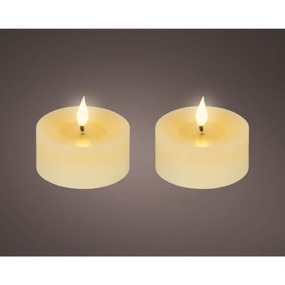 Lumineo realistisches LED-Teelicht mit Flammeneffekt ã˜7,5x6cm creme mit 6-Stunden-Timer, batteriebetrieben – 2 Stück