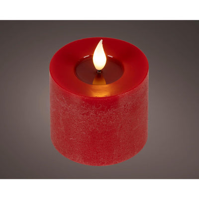 Lumineo realistische LED-Kerze mit Wachsdocht und Flammeneffekt ã˜7,5x9,5cm rot mit 6-Stunden-Timer, batteriebetrieben