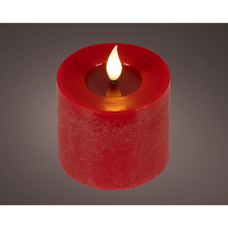 Lumineo realistische LED-Kerze mit Wachsdocht und Flammeneffekt ã˜7,5x9,5cm rot mit 6-Stunden-Timer, batteriebetrieben
