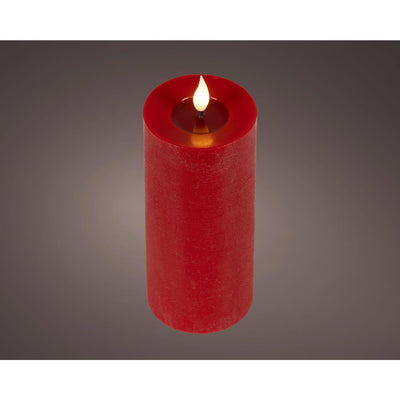 Lumineo realistische LED-Kerze mit Wachsdocht und Flammeneffekt ã˜7,5x20cm rot mit 6-Stunden-Timer, batteriebetrieben