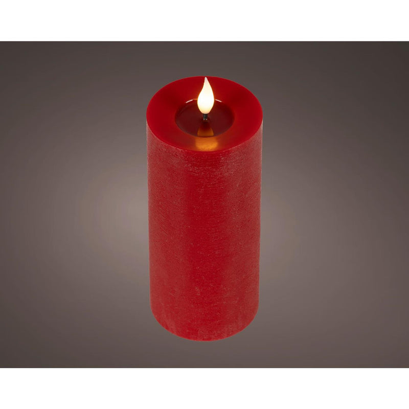 Lumineo realistische LED-Kerze mit Wachsdocht und Flammeneffekt ã˜7,5x20cm rot mit 6-Stunden-Timer, batteriebetrieben
