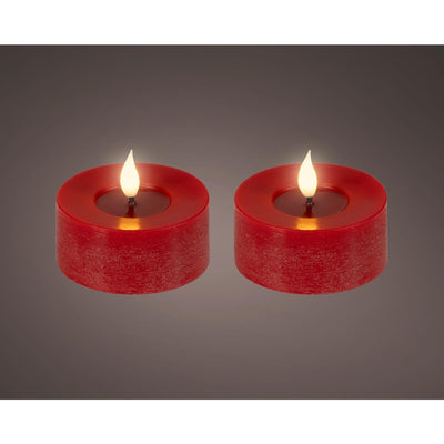 Lumineo realistisches LED-Teelicht mit Flammeneffekt ã˜7,5x6cm rot mit 6-Stunden-Timer, batteriebetrieben – 2 Stück