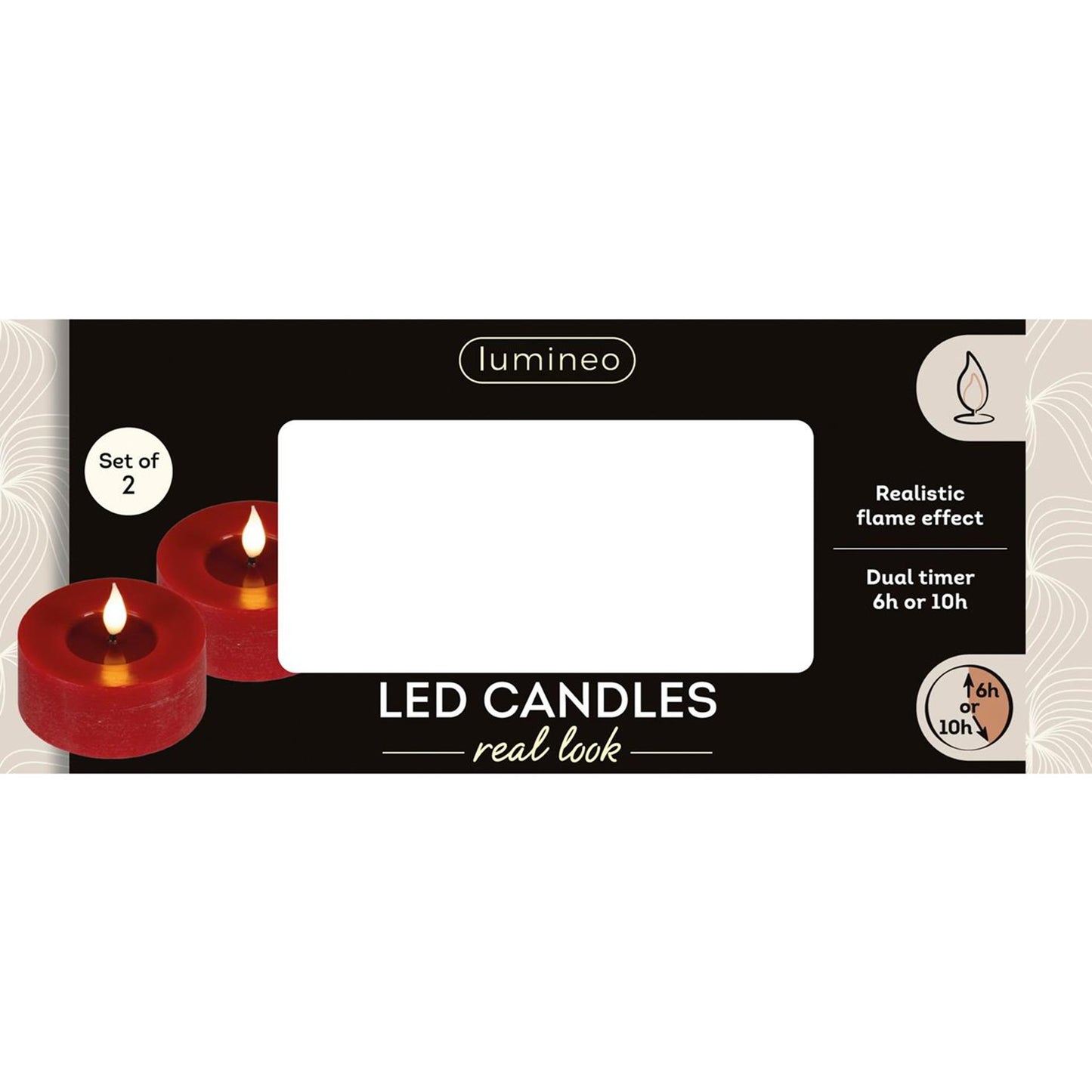 Lumineo realistisches LED-Teelicht mit Flammeneffekt ã˜7,5x6cm rot mit 6-Stunden-Timer, batteriebetrieben – 2 Stück