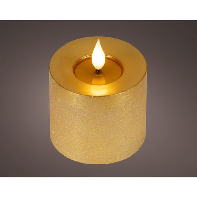 Lumineo realistische LED-Kerze mit Wachsdocht und Flammeneffekt ã˜7,5x9,5cm gold mit 6-Stunden-Timer, batteriebetrieben