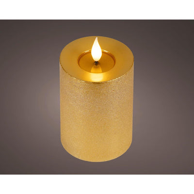 Lumineo realistische LED-Kerze mit Wachsdocht und Flammeneffekt ã˜7,5x13,5cm gold mit 6-Stunden-Timer, batteriebetrieben