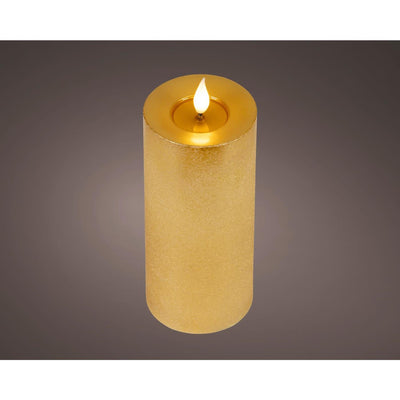 Lumineo realistische LED-Kerze mit Wachsdocht und Flammeneffekt ã˜7,5x20cm gold mit 6-Stunden-Timer, batteriebetrieben