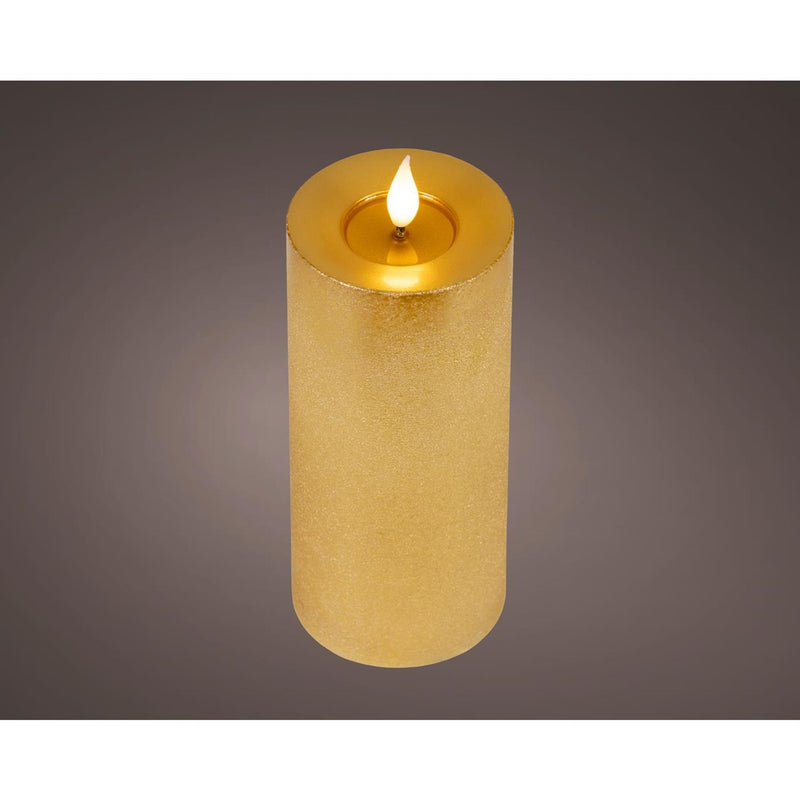 Lumineo realistische LED-Kerze mit Wachsdocht und Flammeneffekt ã˜7,5x20cm gold mit 6-Stunden-Timer, batteriebetrieben