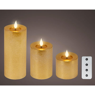 Lumineo 3-teilige realistische LED-Kerze mit Wachsdocht und Flammeneffekt, Höhe 9,5–13,5–20 cm, goldfarben, mit Timer, funktioniert mit Fernbedienung und Batterie