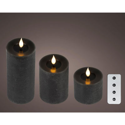 Lumineo 3-teilige realistische LED-Kerze mit Wachsdocht und Flammeneffekt, Höhe 9,5–13,5–20 cm, schwarz, mit Timer, funktioniert mit Fernbedienung und Batterie