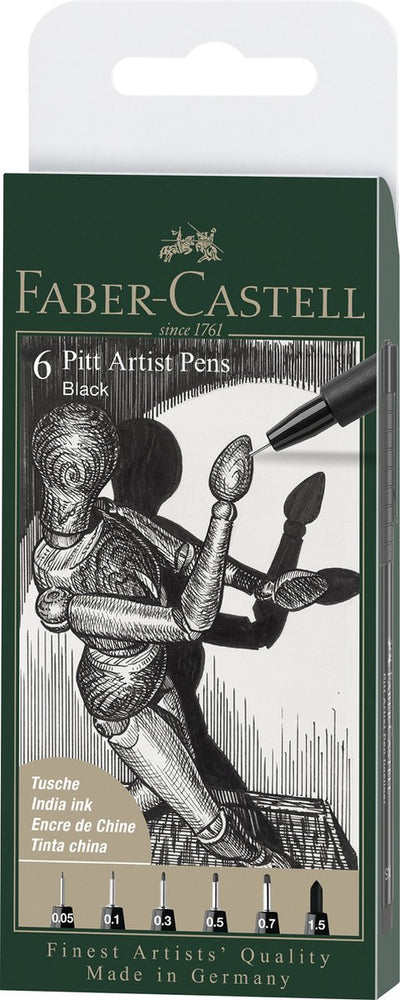 Faber-Castell Zeichenstift – Fineliner – Pitt Artist Pen – Schwarz – 6-teiliges Etui Strichstärke XXS, XS, S, F, M, 1,5 – FC-167154