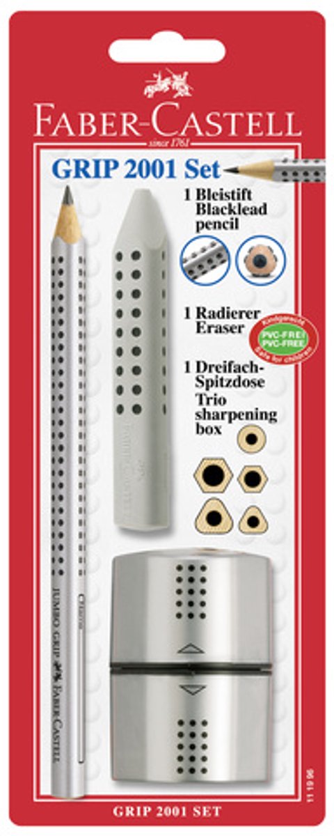 Faber-Castell Bleistiftset Grip 2001 – Jumbo-Bleistift + Radiergummi + Spitzer – FC-111996