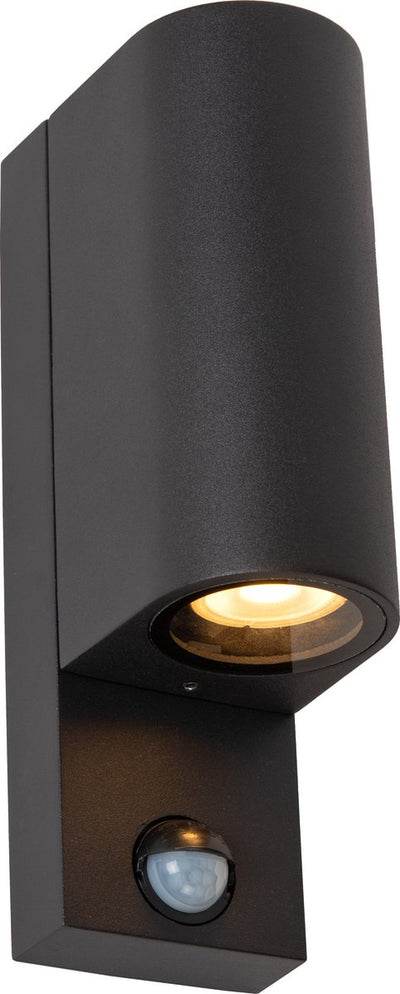 Lucide Zaro – Wall Spot Wandleuchte drinnen und draußen – 2xGU10 – IP65 – Bewegungs-Tag-Nacht-Sensor (umschaltbar) – Schwarz