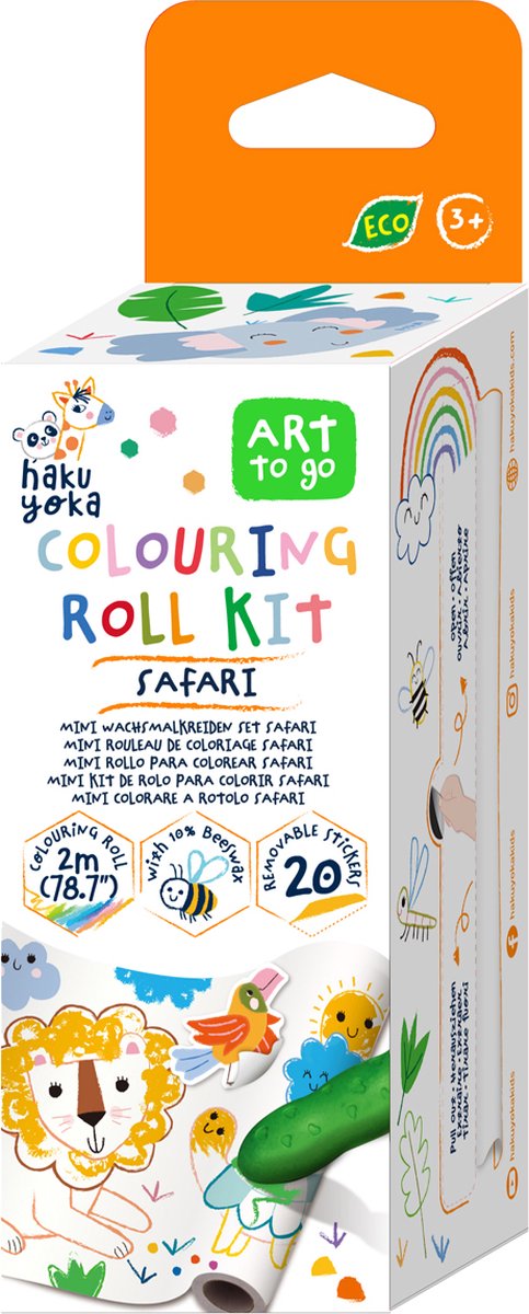 Haku Yoka: Mini-Farbroller-Set Safari 12 x 200 cm, inklusive 4 Buntstiften und Aufklebern, abreißbar, aus Bienenwachs (10 %), in Box 6,2 x 6,2 x 19,6 cm, 3+