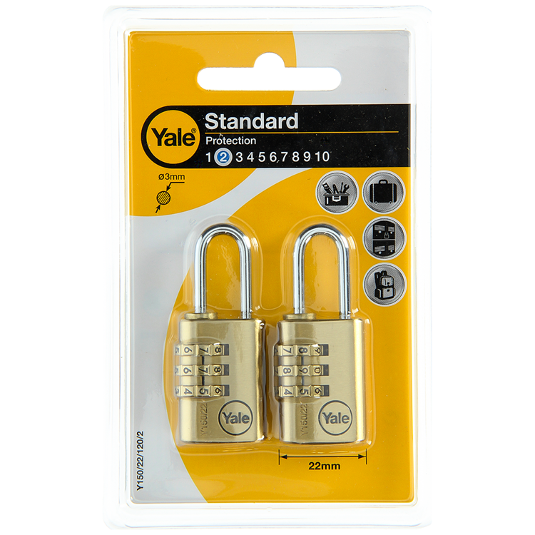 Yale 1060493 – 2 Code-Vorhängeschlösser 22 mm Messing | 3 Stück