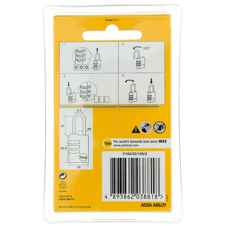 Yale 1060493 – 2 Code-Vorhängeschlösser 22 mm Messing | 3 Stück