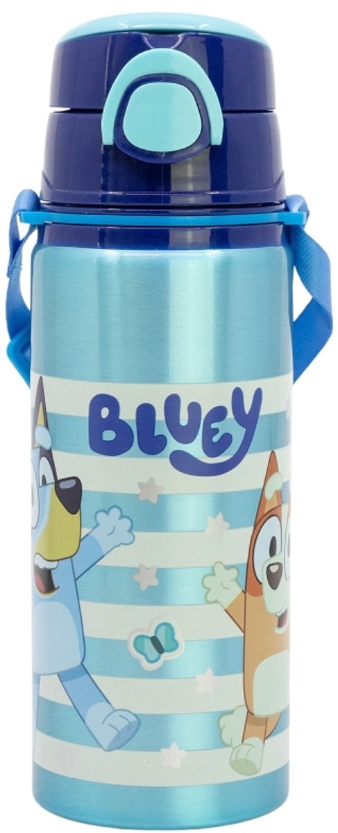 Bluey Trinkflasche Kind – 730 ml – Aluminium – mit Strohhalm-Druckknopf – BPA-frei – wiederverwendbare Wasserflasche mit Lanyard – Bingo-Design