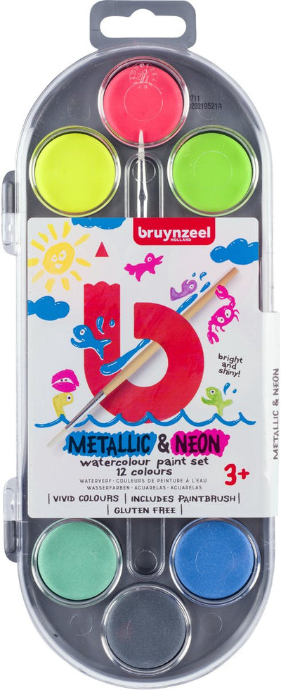 Bruynzeel Kids Aquarell -Set von 12 metallischen Neonfarben