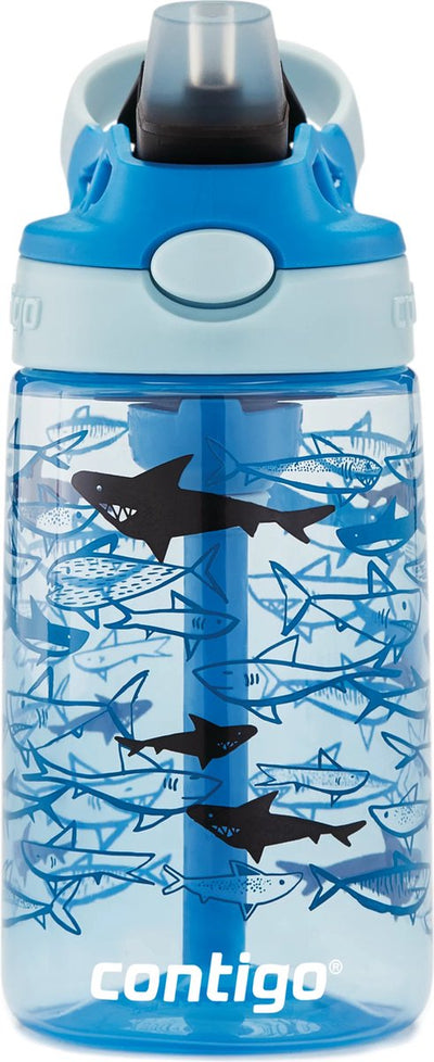 Contigo Easy Clean Autospout Kindertrinkflasche mit Strohhalm, BPA-freie stabile Wasserflasche, 100 % auslaufsicher, einfache Reinigung, ideal für Kita, Kindergarten, Schule und Sport, 420 ml | Haie