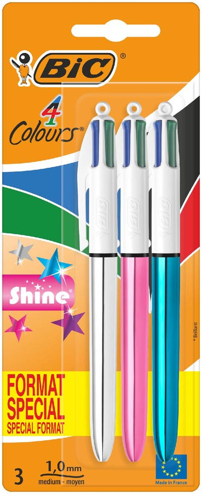 Bic Colors Shine 4-Farben-Kugelschreiber | mittel | klassische Tintenfarben | Blister mit 3 Stück