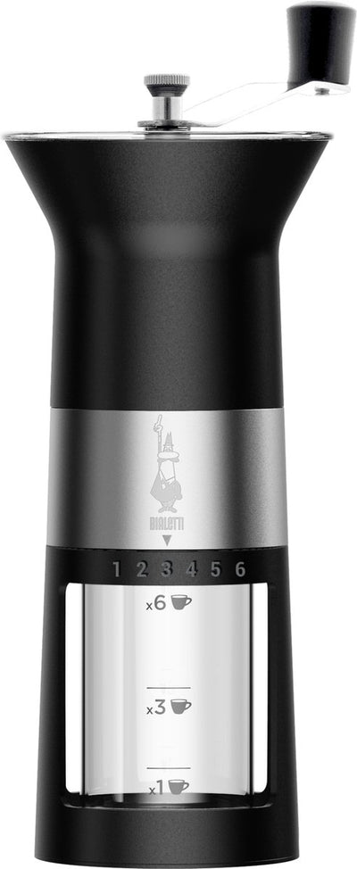 Bialetti Premium Manuelle Kaffeemühle Schwarz – Manuelle Kaffeemühle mit Edelstahlmahlwerk – 6 einstellbare Mahleinstellungen – Kaffeebohnenmühle