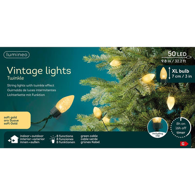 Lumineo LED Vintage Weihnachtsbaumbeleuchtung 8 Funktionen Funkeleffekt 50LED 980cm grün zartgold