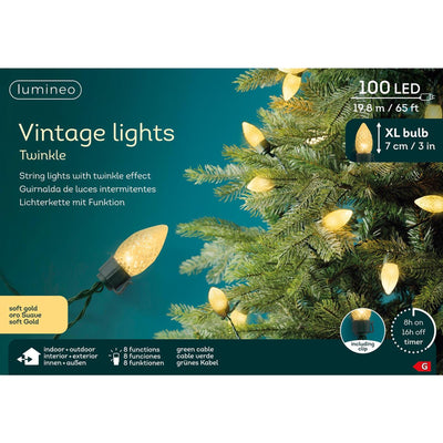 Lumineo LED Vintage Weihnachtsbaumbeleuchtung 8 Funktionen Funkeleffekt 100LED 1980cm grün zartgold