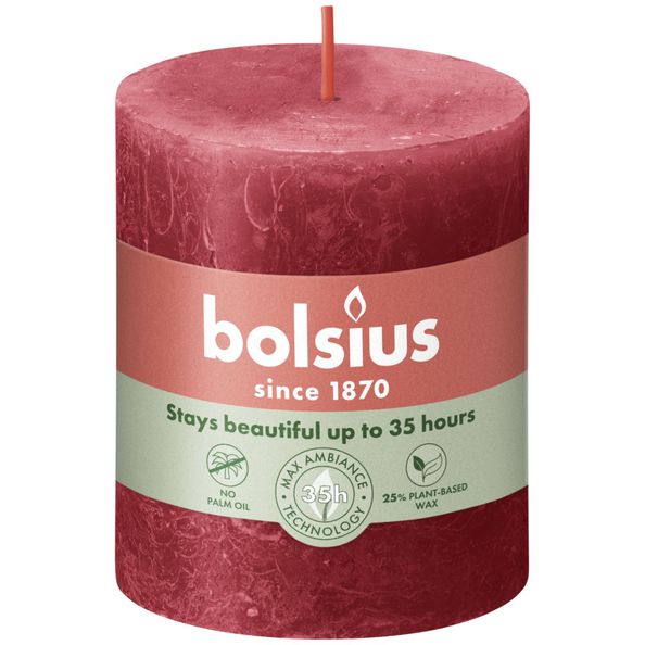 Bolsius Rustikale Stumpenkerze zartes Rot ø68x80 mm 30 Stunden (4 Stück)