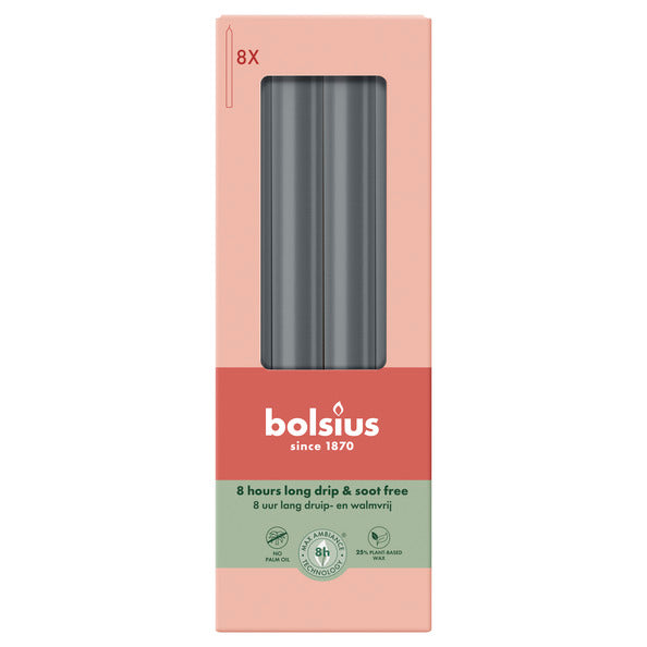 Bolsius Tafelkerzen Stormy Grey ø20x230 mm 8 Stunden (4x 8 Stück)