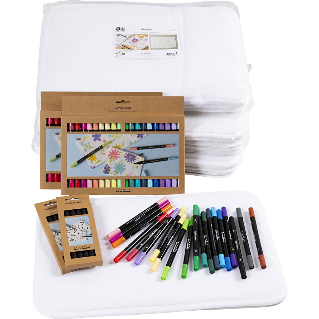 Creativ Company Group Set Tischsets zum Selbermalen, Größe 30x45 cm, Strichstärke 2,3 + 3,6 mm, verschiedene Farben, 30 Stück 1 Box