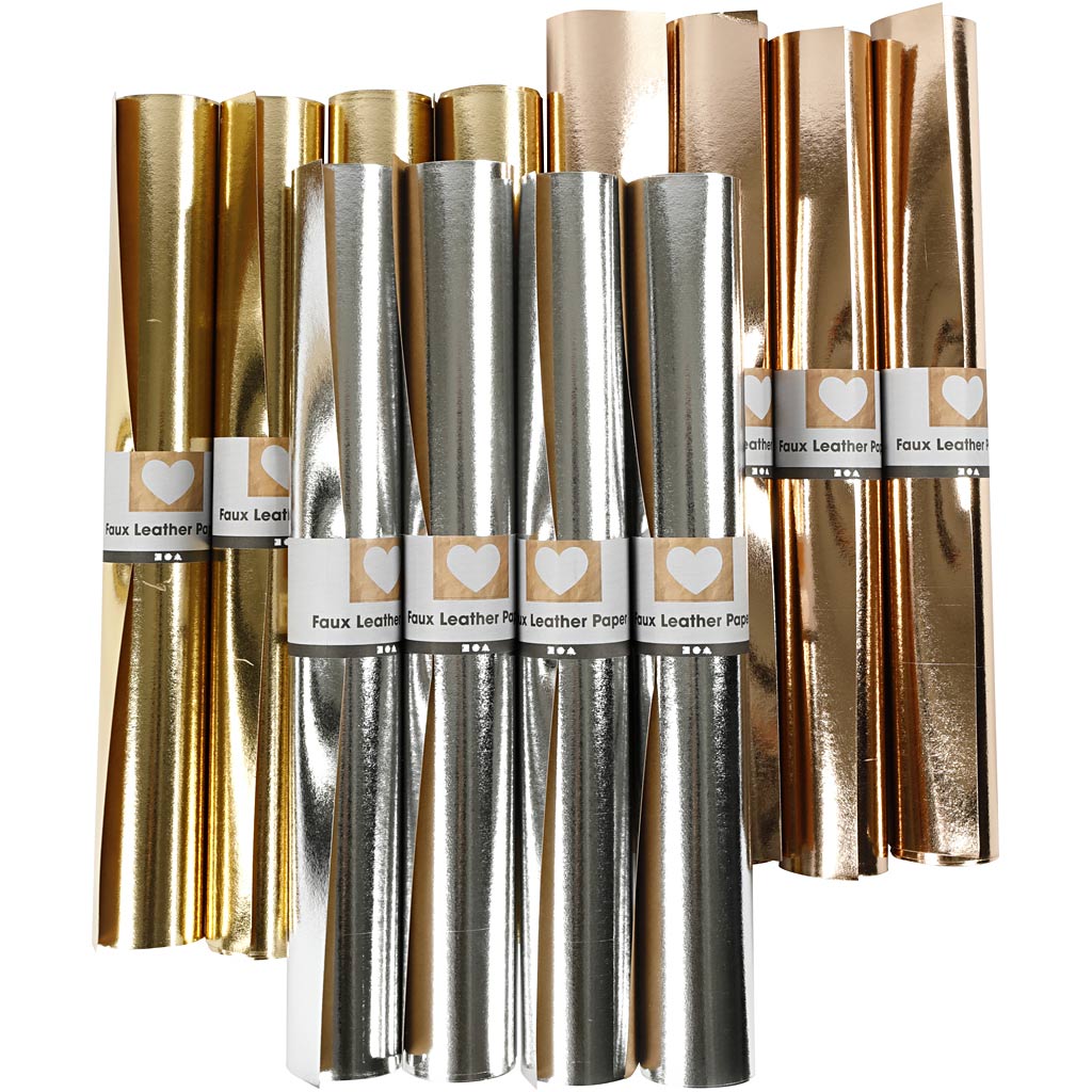 Creativ Company Kunstlederpapier, B: 49 cm, Stärke 0,55 mm, einfarbig, mit Folie, Gold, Roségold, Silber, 12x1 m 1 Karton