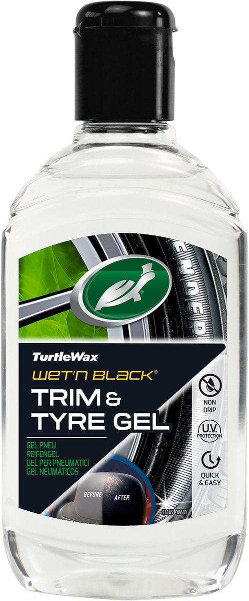 Turtle Wax Wet n Black Reifenverkleidungsgel – hinterlässt einen tiefschwarzen Glanz auf Gummikunststoff – repariert und bildet eine Schutzschicht – beständig gegen Zersetzung – 300 ml