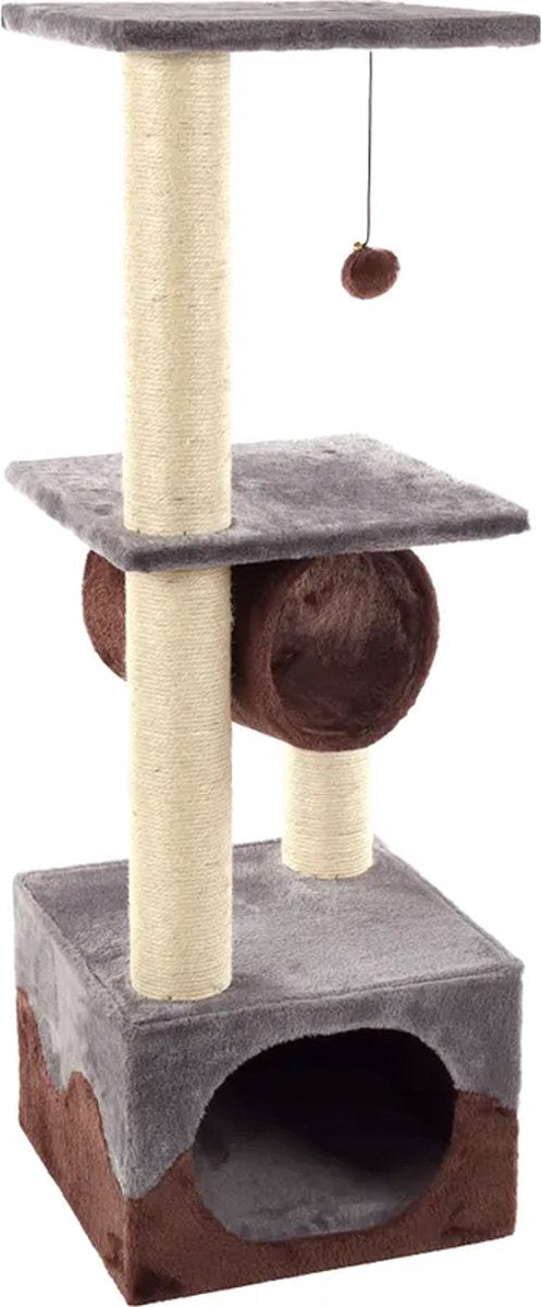 Flamingo-Kratzbaum – Kangri 5 graubraun – 35 × 35 × 102 cm – Sisal-Kratzbaum – mit Tunnel, Hausliegeplattformen – für Katzen