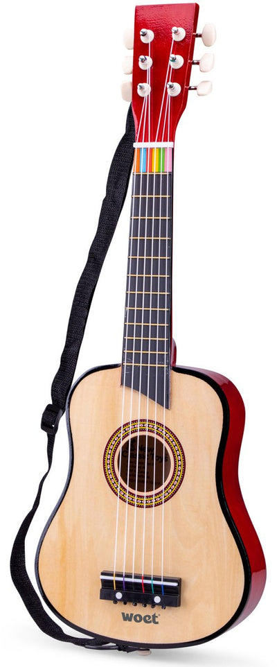 Woet® Spielzeuggitarre aus Holz mit Tragegurt - Braun Natur - Spielzeuginstrument - Meine erste Gitarre inklusive Notenheft - Gitarre spielen für Kinder - ab 3 Jahren
