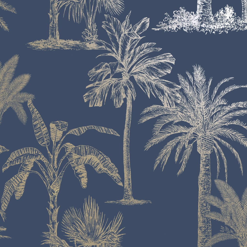 Niederländische Wandverkleidung Niederländische Wandverkleidung Tapete tropische Bäume MarineBlauw und Silberfarbe