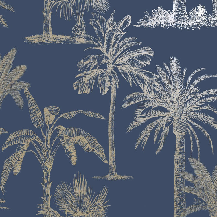 Niederländische Wandverkleidung Niederländische Wandverkleidung Tapete tropische Bäume MarineBlauw und Silberfarbe