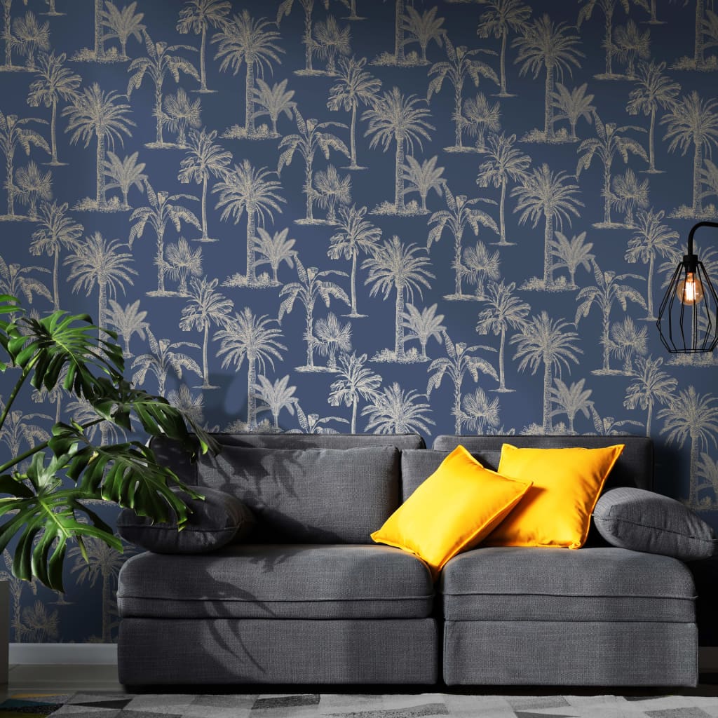 Niederländische Wandverkleidung Niederländische Wandverkleidung Tapete tropische Bäume MarineBlauw und Silberfarbe