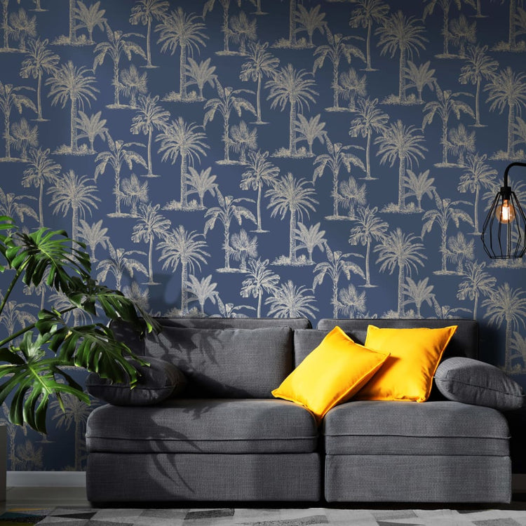 Niederländische Wandverkleidung Niederländische Wandverkleidung Tapete tropische Bäume MarineBlauw und Silberfarbe